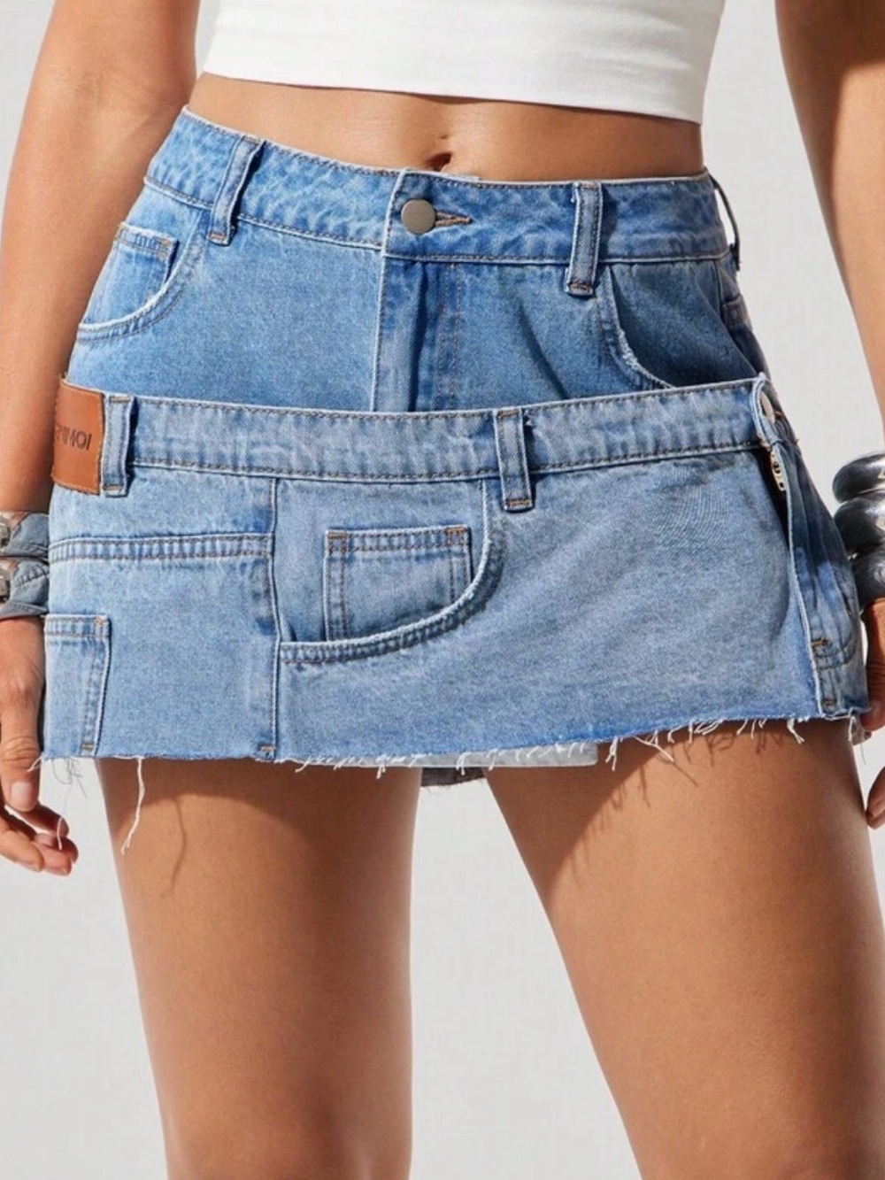 Denim Layered Mini Skirt with Pocket Detail
